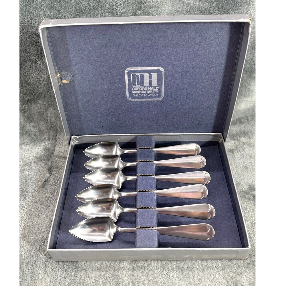 Oxford Hall Silversmiths Set 6 Grapefruit Spoons Silverplate Original Box NY